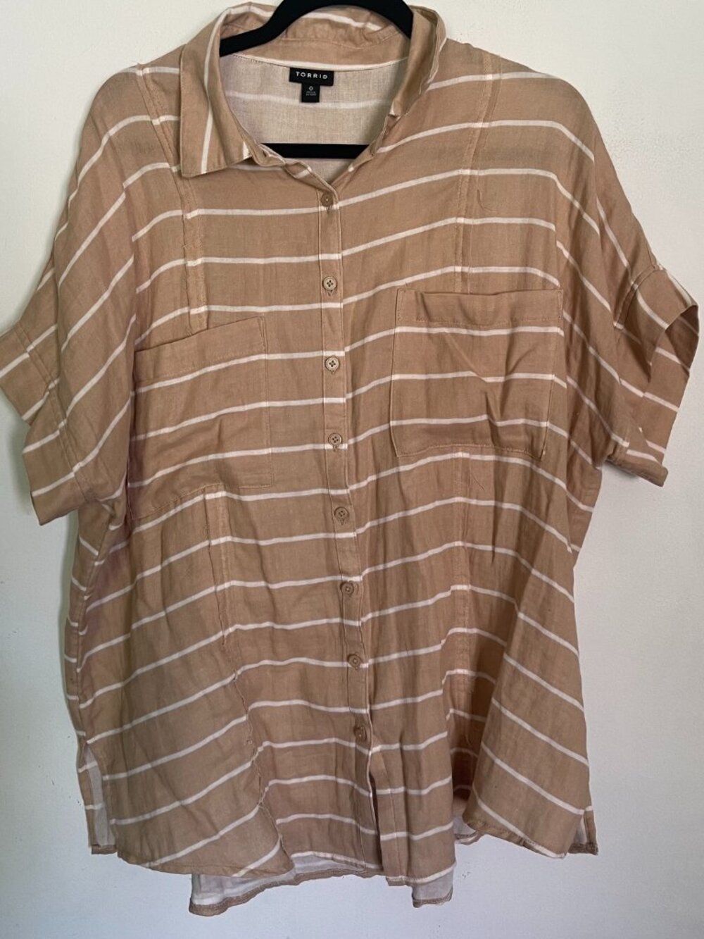 Torrid 0 1X Button Down Shirt Tan Striped Oversized Gauze Cotton Raw Edge T6